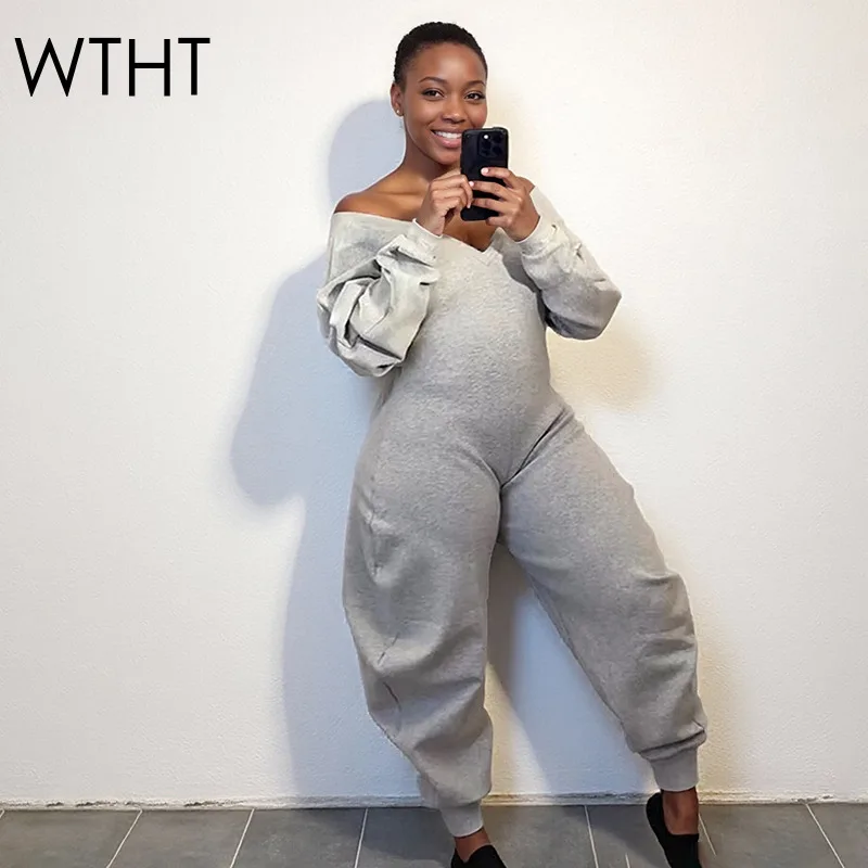 

WTHT модные женские однотонные спортивные комбинезоны с v-образным вырезом, осень 2023, модные длинные брюки с длинными рукавами, женские 1LS2598