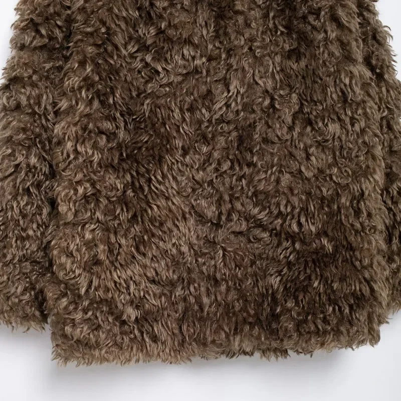 TRAF Fleece Coat Outerwears Women 2024 Autumn Winter Brown Teddy Jacket Ladies Fashion Long Sleeve Casual Furry Long Coat