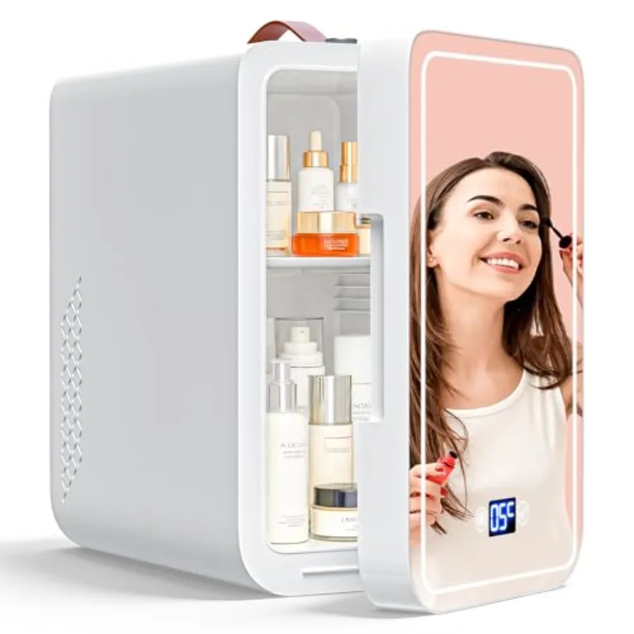 

6L Mini Fridge for Dorm/Car/Office: Cooling Warming, 3-Level Dimmable LED Mirror, AC/DC Portable Skincare Fridge, Stainless Ste