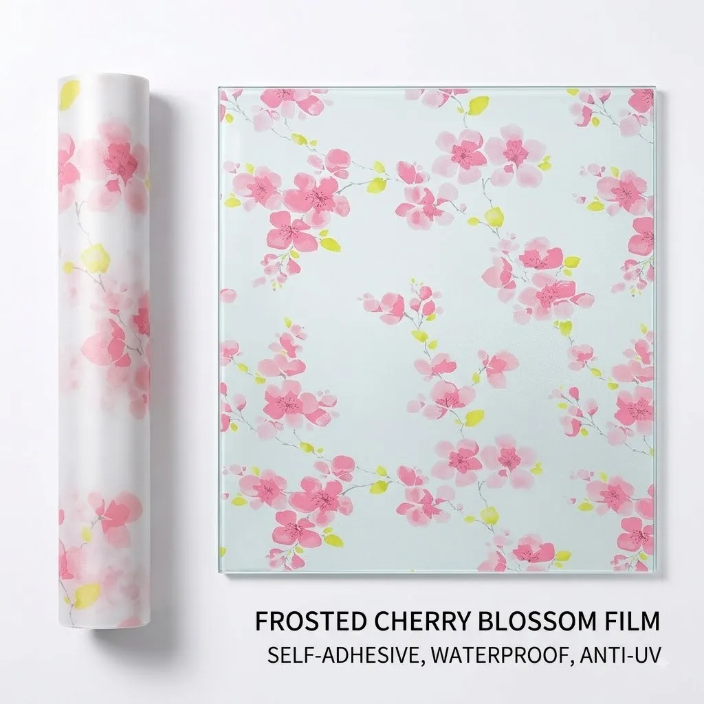 Decorative Self‑Adhesive Glass Window Sticker Pink Sakura Flower Branch Frosted Window Film UV Blocking Home Bathroom Decoration