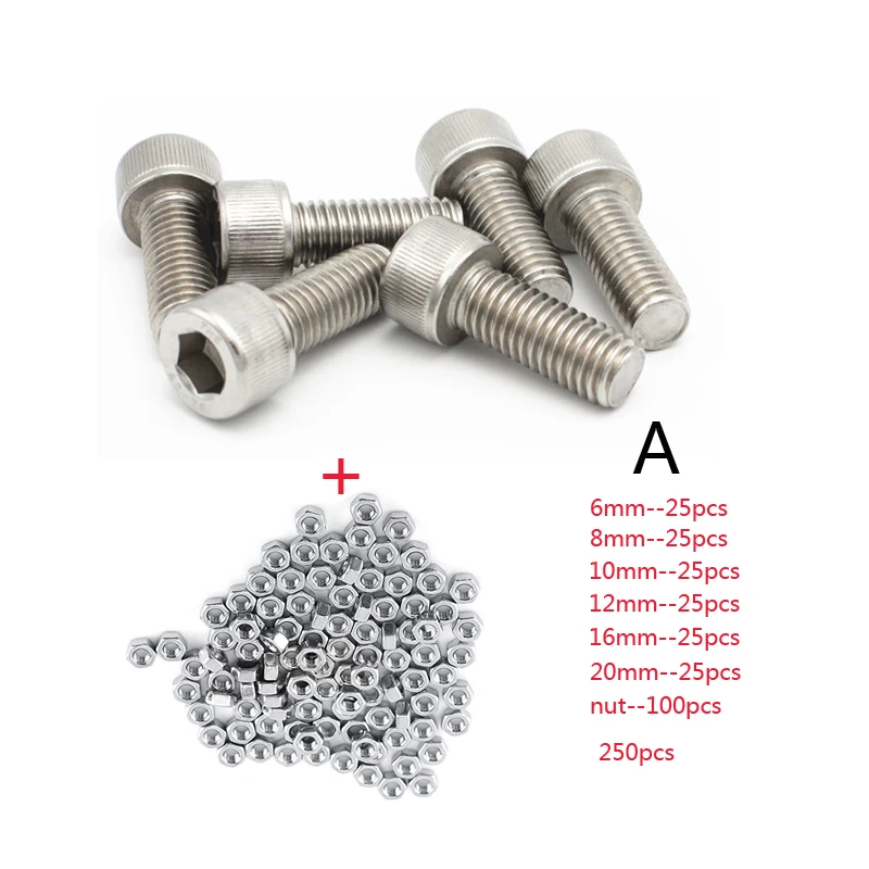 

250pc/set A2 Stainless Steel M3 Cap/Button/Flat Head Screws Sets Hex Socket Bolt With Hex Nuts Assortment Kit