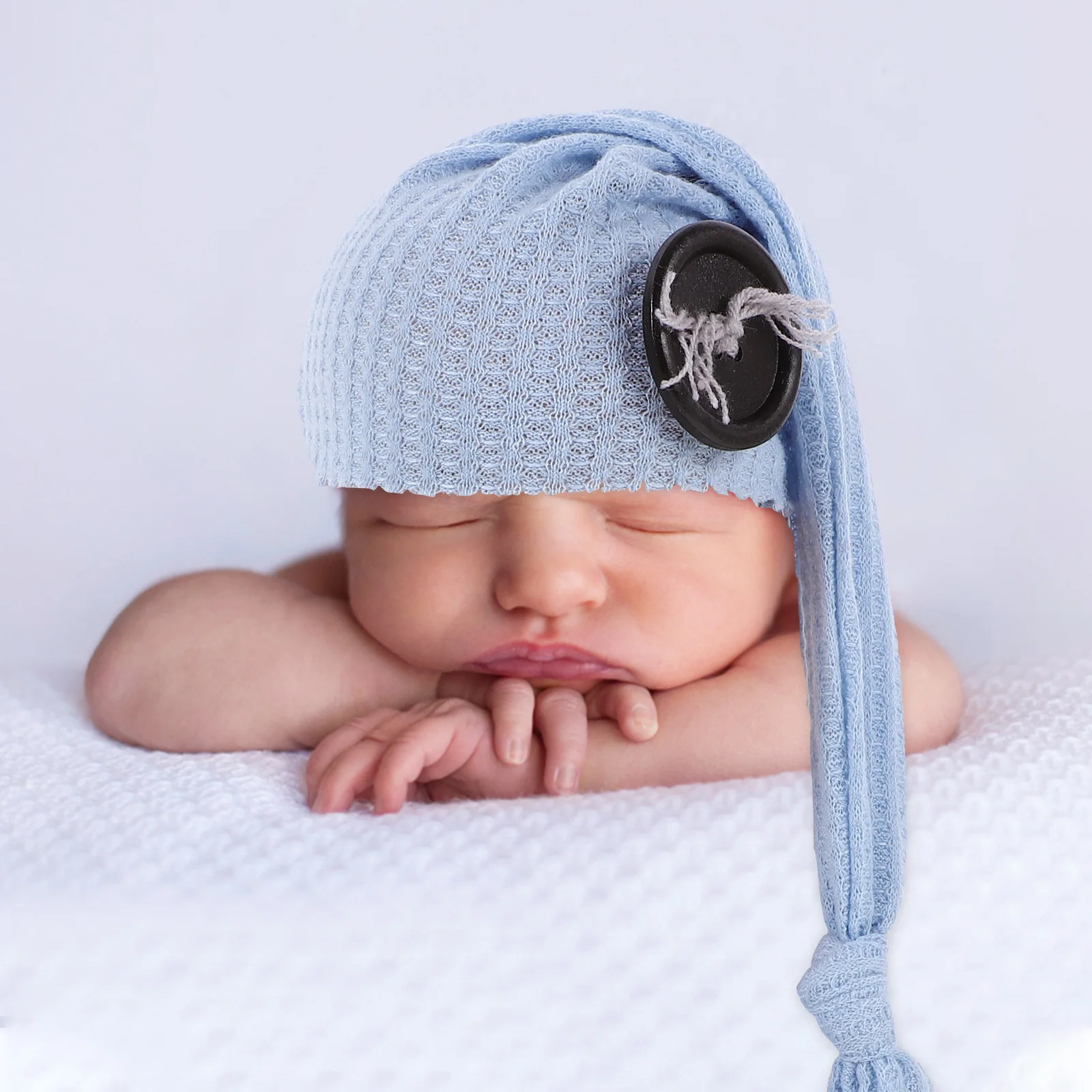 

1 set Knitted Pants Hat Set Sky Blue Wooden Button Newborn Photography Outfits Boys Girls Photoshoot Props Comfortable