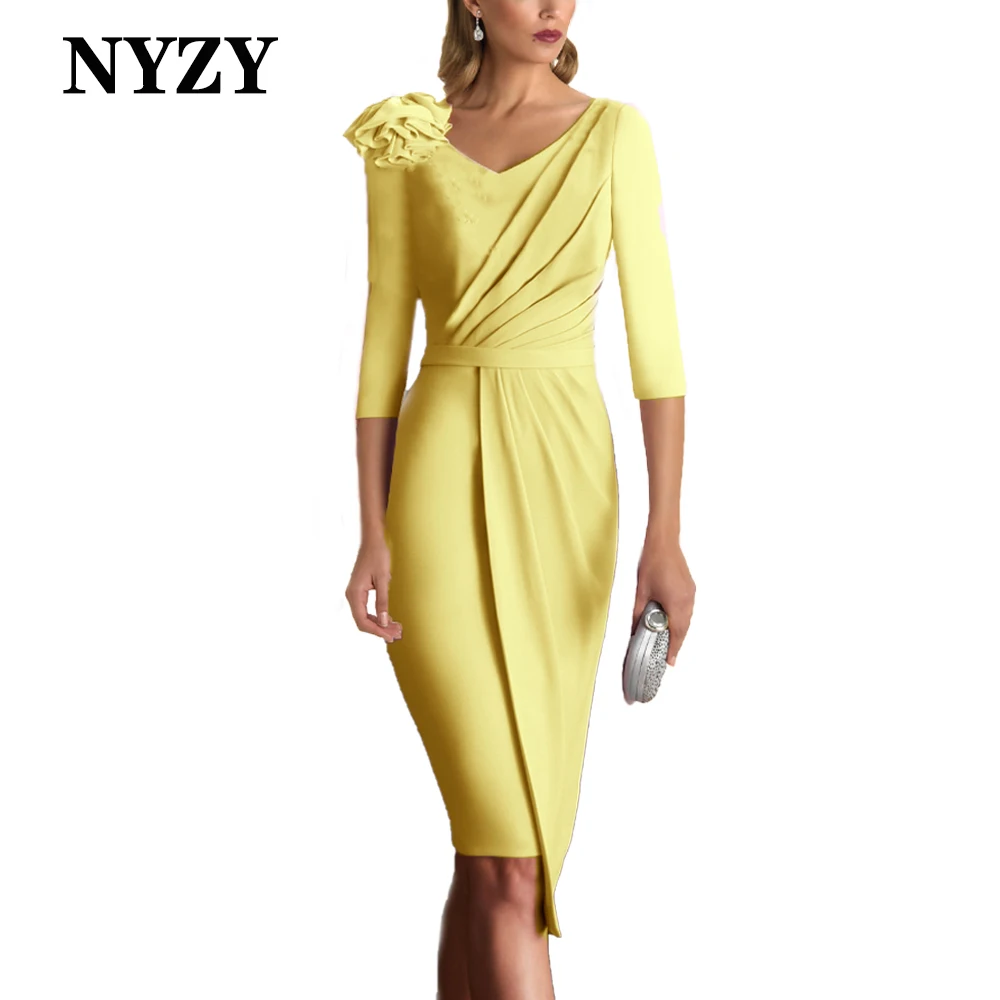 

NYZY M407C Chiffon V-neck Yellow Mother of the Bride Dresses with Sleeves 2024 Short Wedding Party Guest Wear Cocktail Gowns