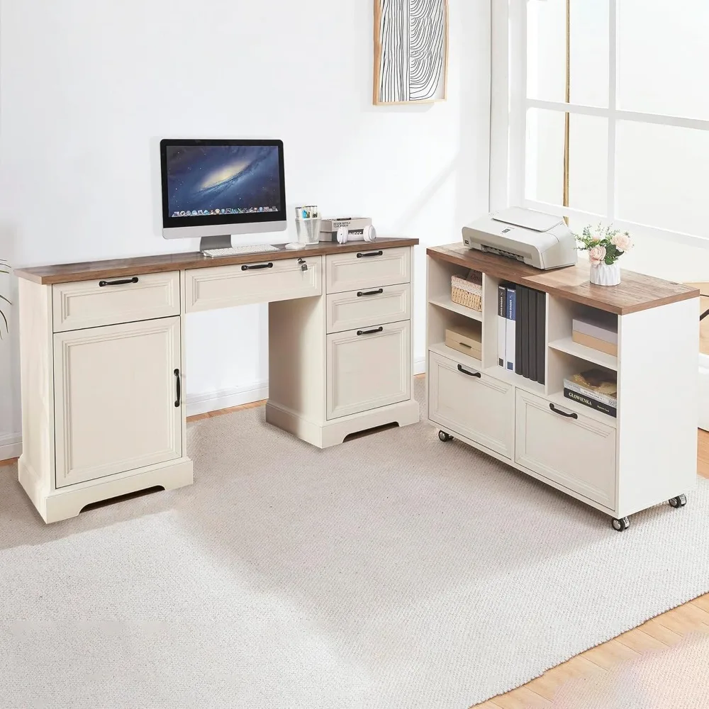 

"60 Inch Farmhouse Style Executive Desk with 40 Inch Rolling File Cabinet, L-Shaped Desk Setup Including Charging Station, Offic