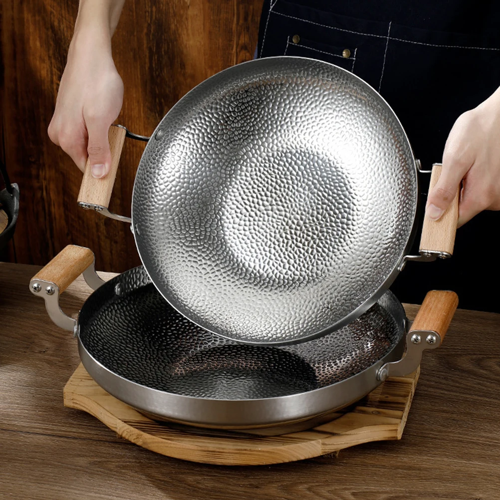 

Stainless Steel Wok Pan Flat Bottom Wood Handle High Temperature Cooking Pot Household Kitchenware for Hot Pot Seafood Cooking