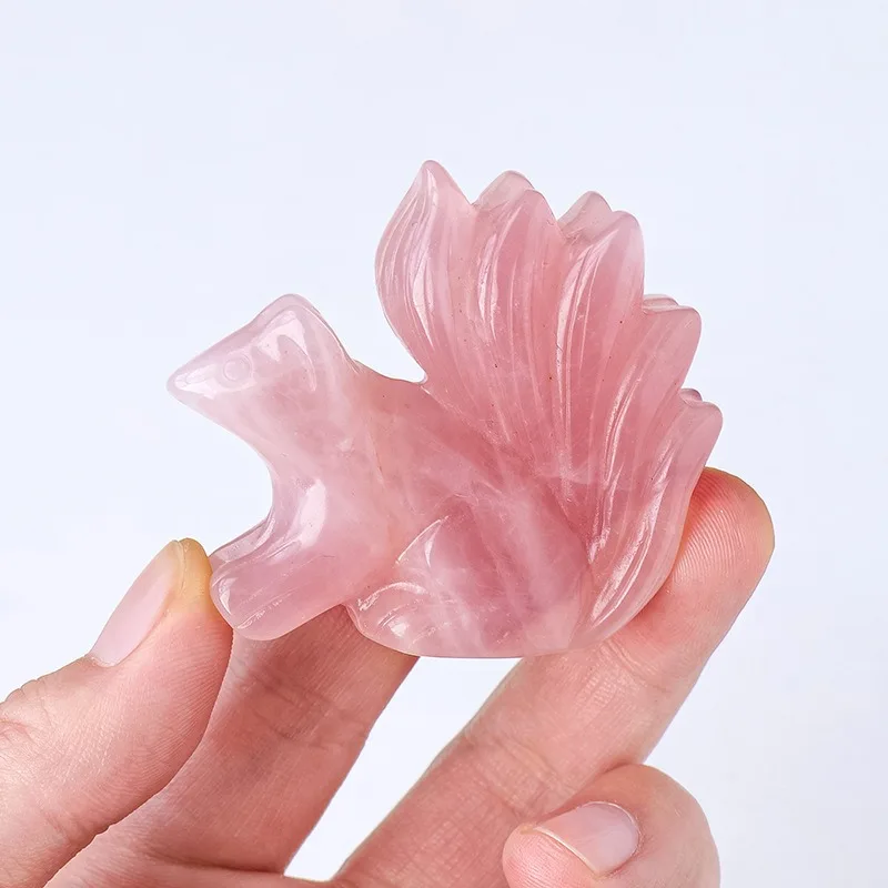 

Natural powder crystal nine-tailed fox carving, hibiscus peach blossom stone rough stone polished home decoration animal