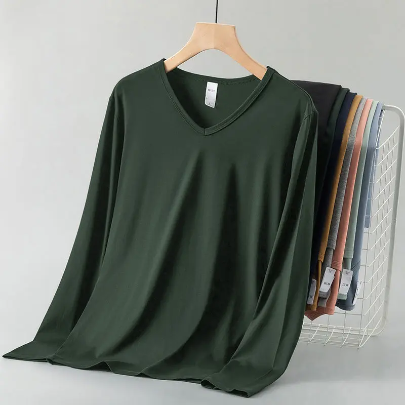 New Arrival Men's Casual V-Neck T-Shirts Spring Autumn 2024 Long-Sleeve Modal Cotton Solid Color Undershirts Thin Autumn Clothes