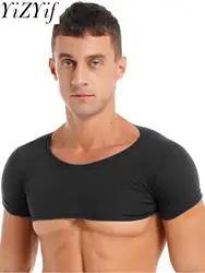 Mens Casual Solid Color Crop Tops Round Neck Short Sleeve T-Shirt Gym Tops Muscle Tees Rave Party Outfit Clubwear Male Clothing