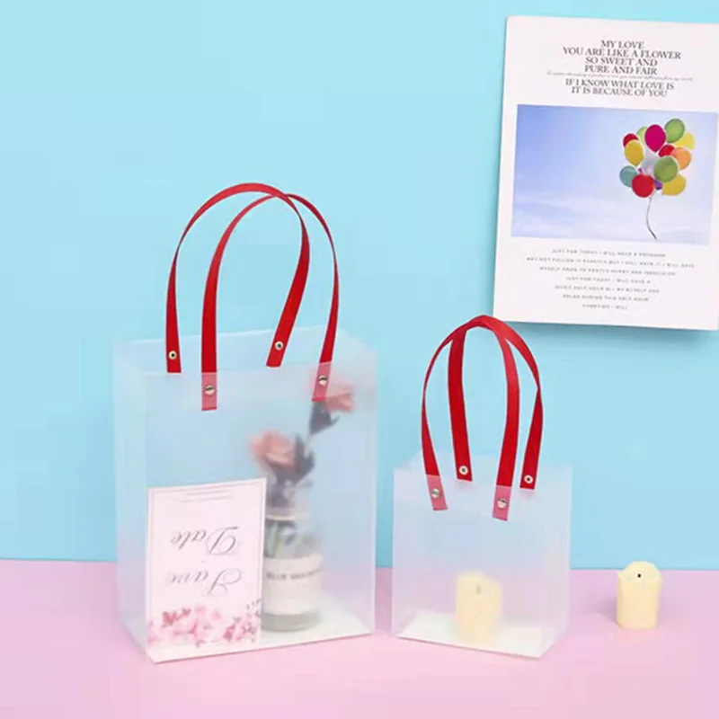 100Pcs/Lot PP plastic Bag With Red handle PVC Transparent frosted Gift Bag For Party Wedding Christmas Wholesale