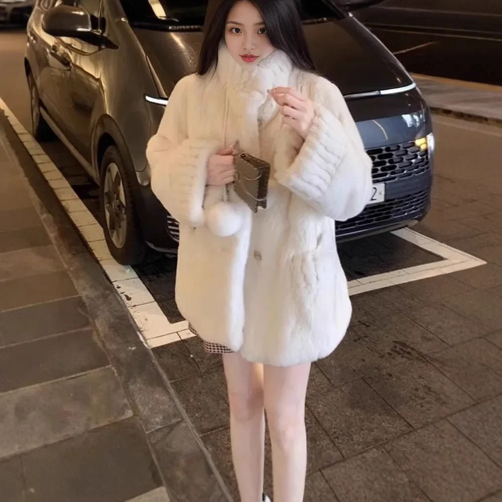 여성용 두꺼운 하이 칼라 양털 코튼 재킷 코트 통합 가죽 및 모피 겨울 따뜻한 소형 사이즈 한국 스타일