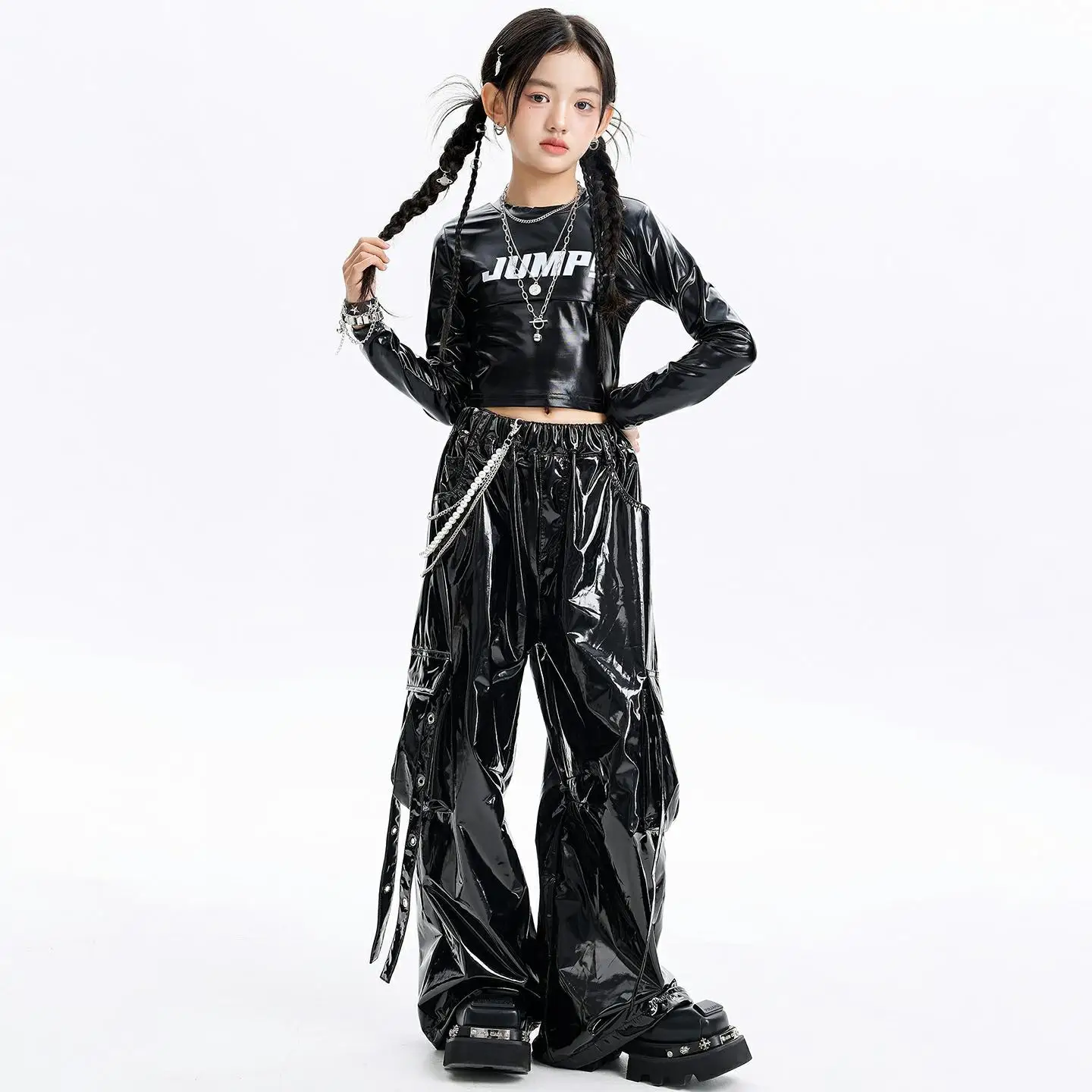Vêtements Hip Hop Kpop pour enfants, t-shirt court métallique noir à manches longues, en Faux cuir, sangle décontractée, pantalon Cargo pour Costumes de danse pour filles