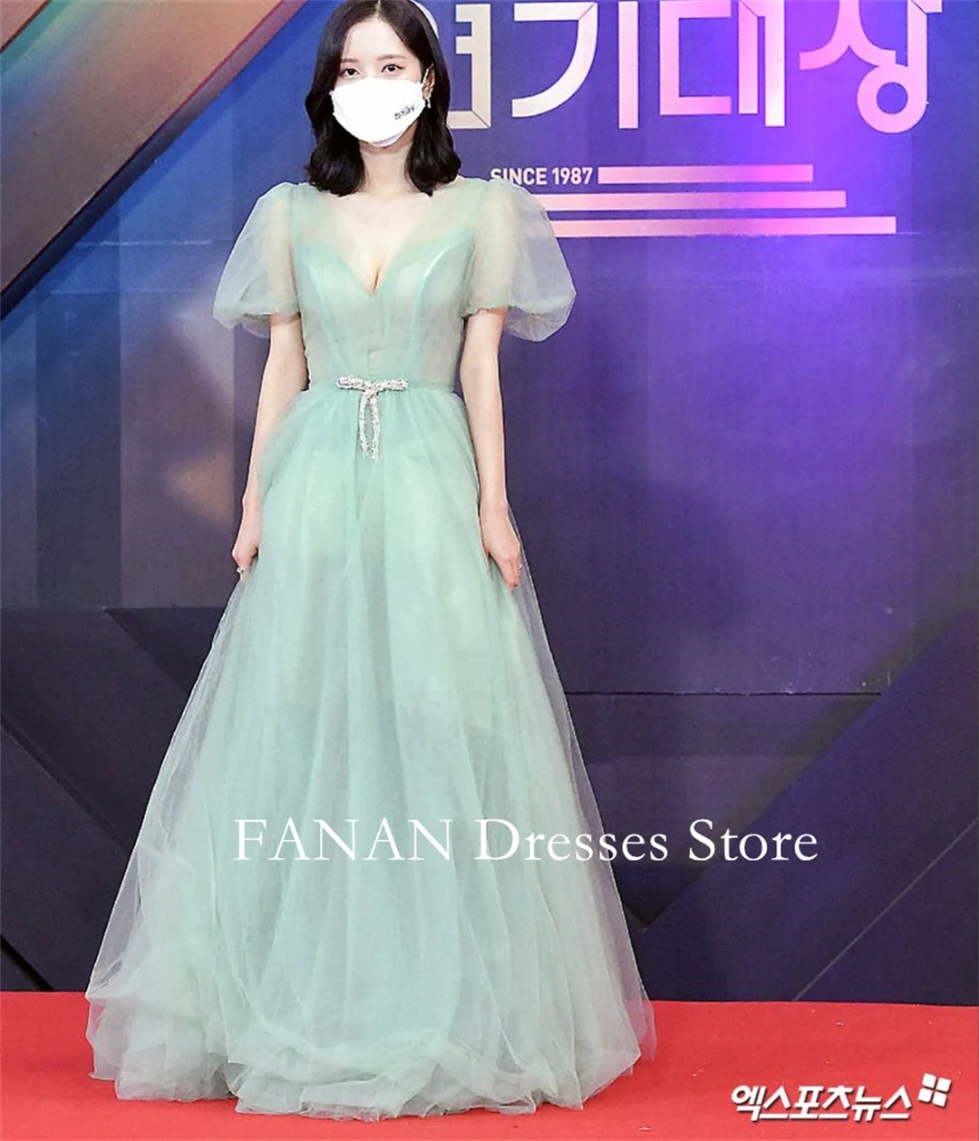 

FANAN Customized Green Evening Party Dresses V-Neck Korea Tulle Puff Sleeves Wedding Women Gowns Event Prom Gowns Customized