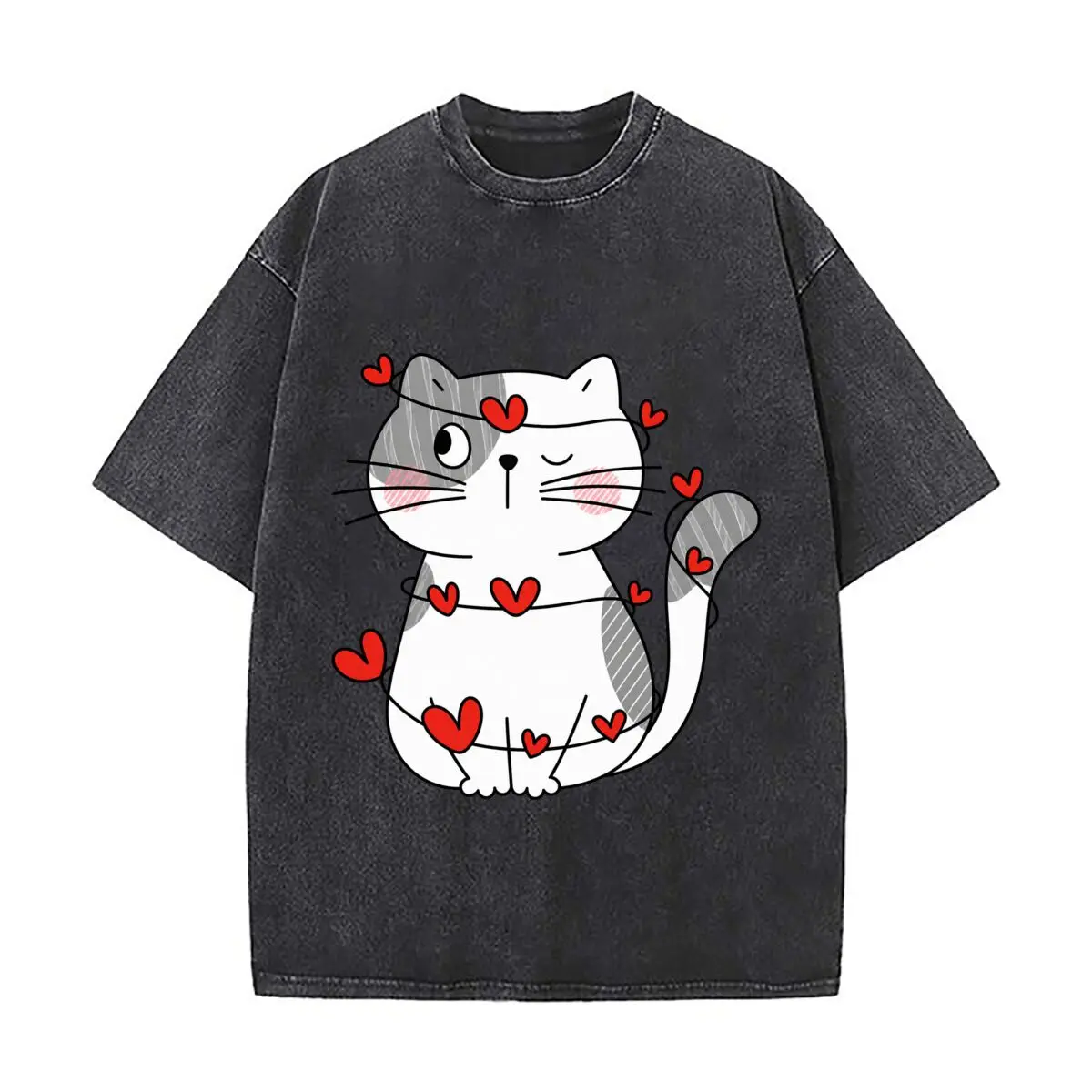 Cute Winking Cat Gray Patches Red Hearts Washed Distressed Loose Streetwear Tops for City Walks