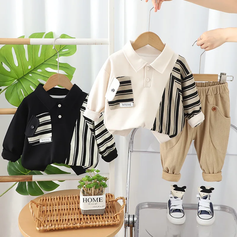 

Boys Autumn Outfit Set 2025 New Handsome Children's Stripes Turn-down Collar T-shirts Pants Two-piece Set Children Suits