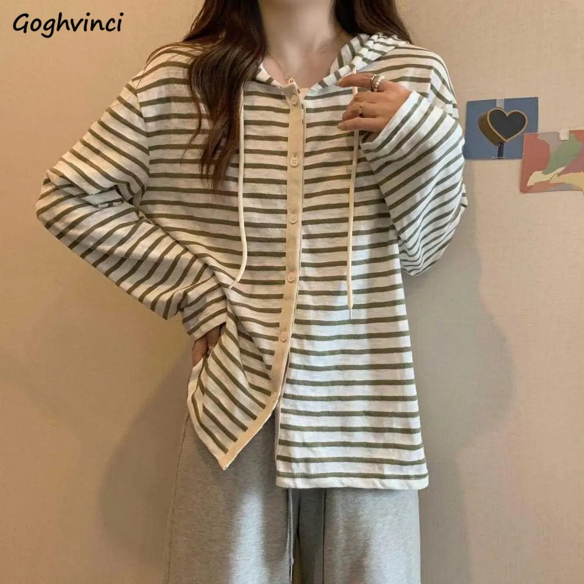 

Jackets Women Preppy Style Loose Classic Striped Spring Hooded Sweet Unisex Leisure Harajuku Popular Overcoats Soft Vintage 2023