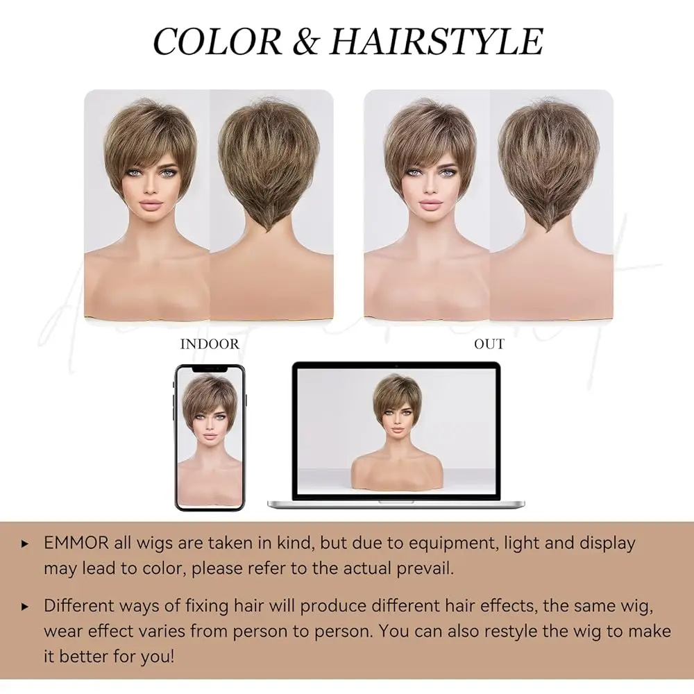 Light Brown Short Pixie Cut Bob Wigs for Women Short Straight Women Daily Wigs with Bangs Kanekalon Memory Fiber Heat Resistant