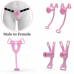 Pink Deep Throat Chastity Belt  [Male To Female] Mimic Female Pussy with Urethral Inverted Invisible Penis Clip Cock Cage Device