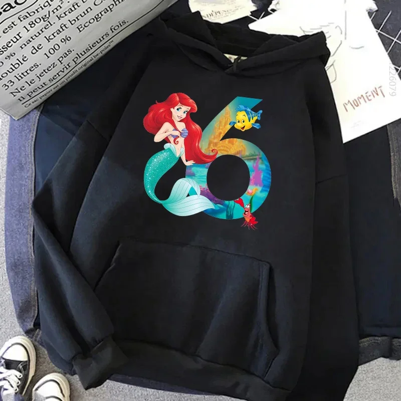 Disney Women Casual Hoodies Hood The Little Mermaid Princess Birthday Numbers 1-9 Graphic Print Hoodie Streetwear Sweatshirt Top