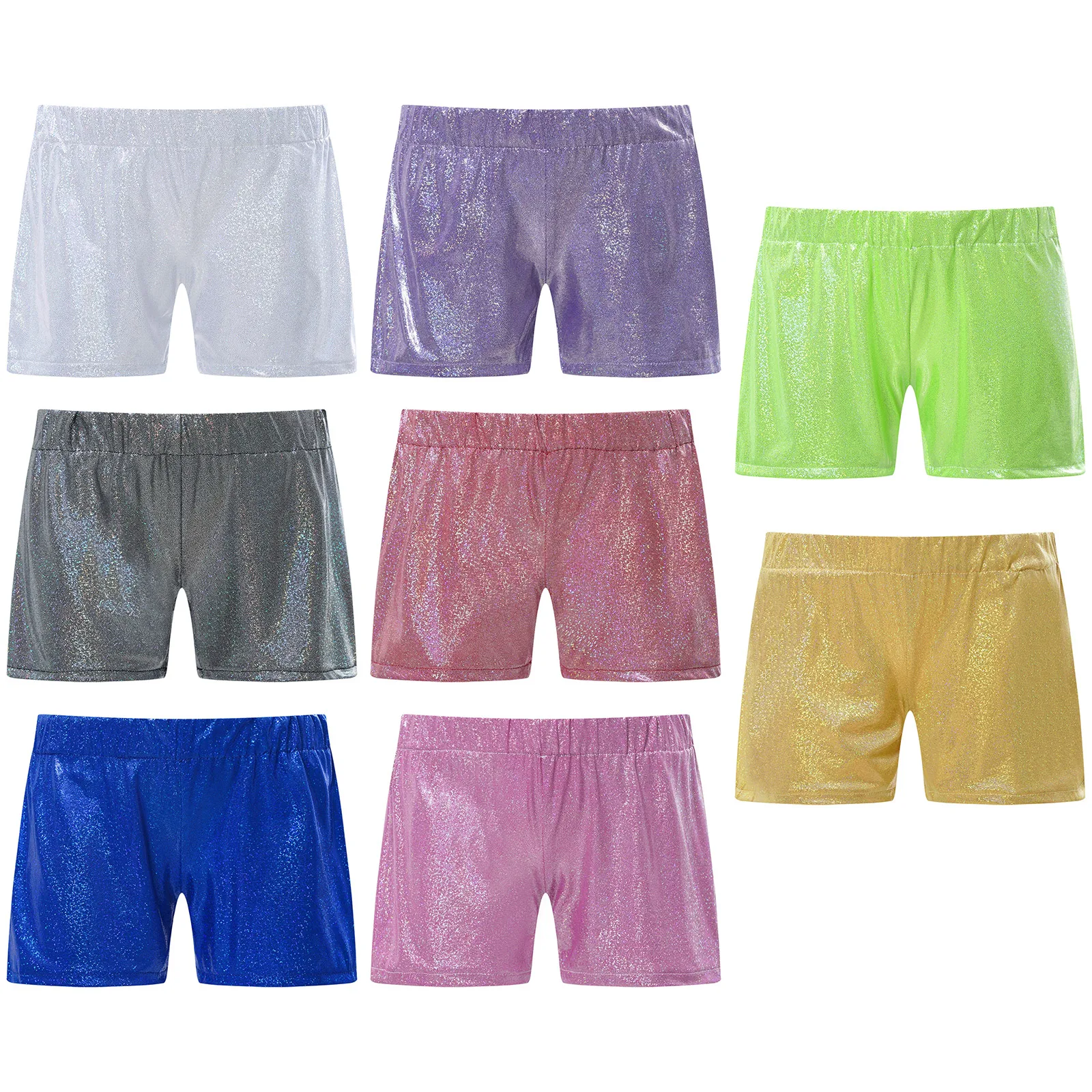 Shorts brilhantes metálicos das meninas, Cintura elástica Bottoms, Ginástica Ballet Dancewear, Yoga Esporte Torcida Desempenho