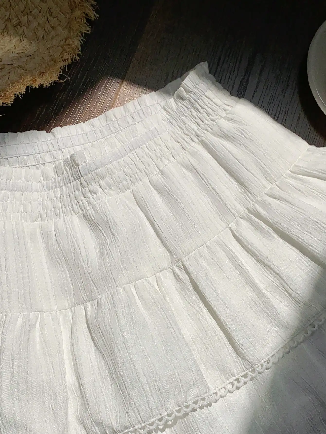 Jupes-shorts confortables pour femmes, jupe trapèze tissée blanche pour Concert de campagne, taille élastique, ourlet à volants