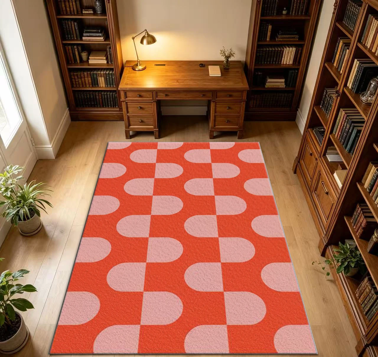 Mid Century Modern Orange Pink Oval Geometric Home Area Rug