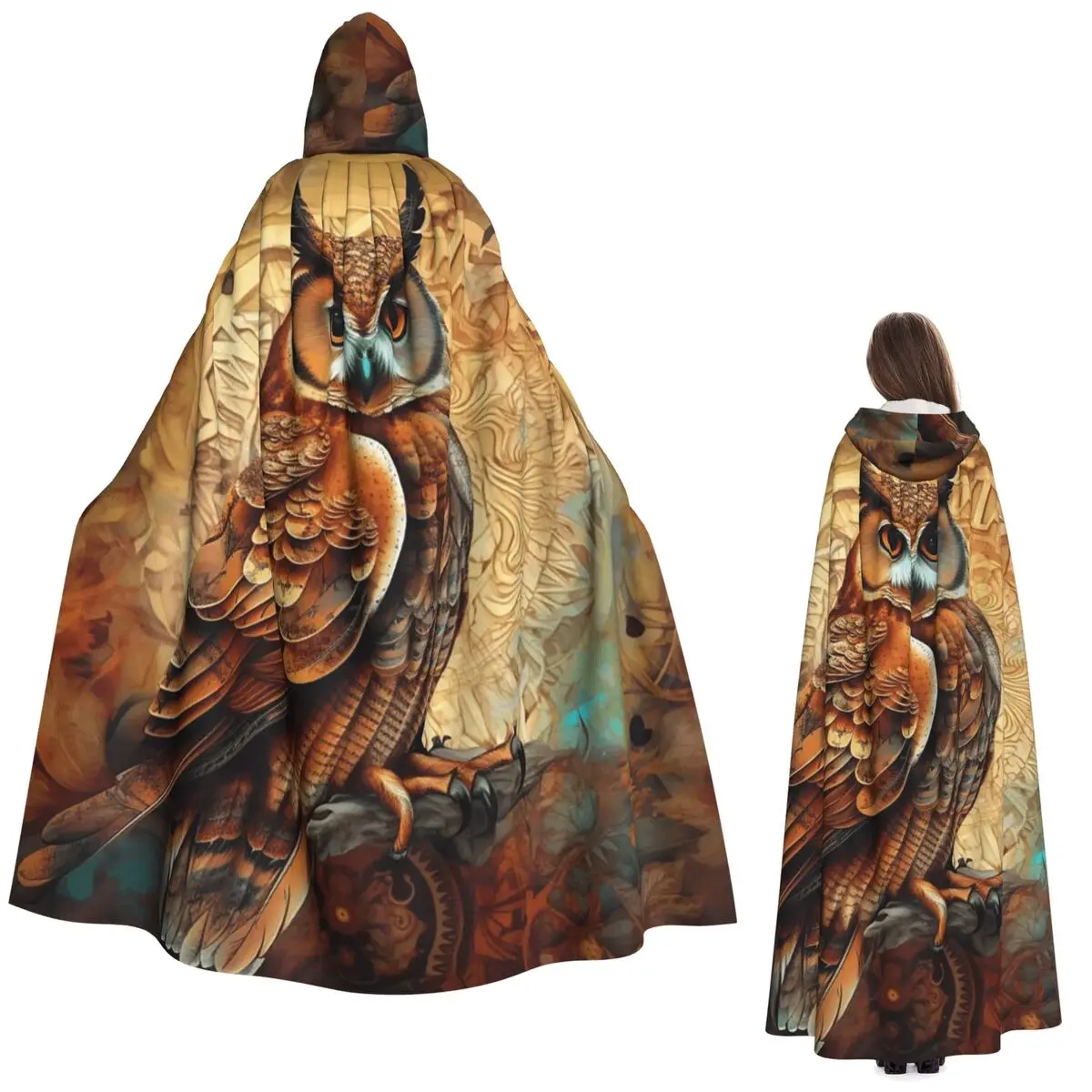 올빼미 신념 프린트 롱 후드 망토 마녀 중세 의상 코스프레 케이프 할로윈 코트 성인 유니섹스
