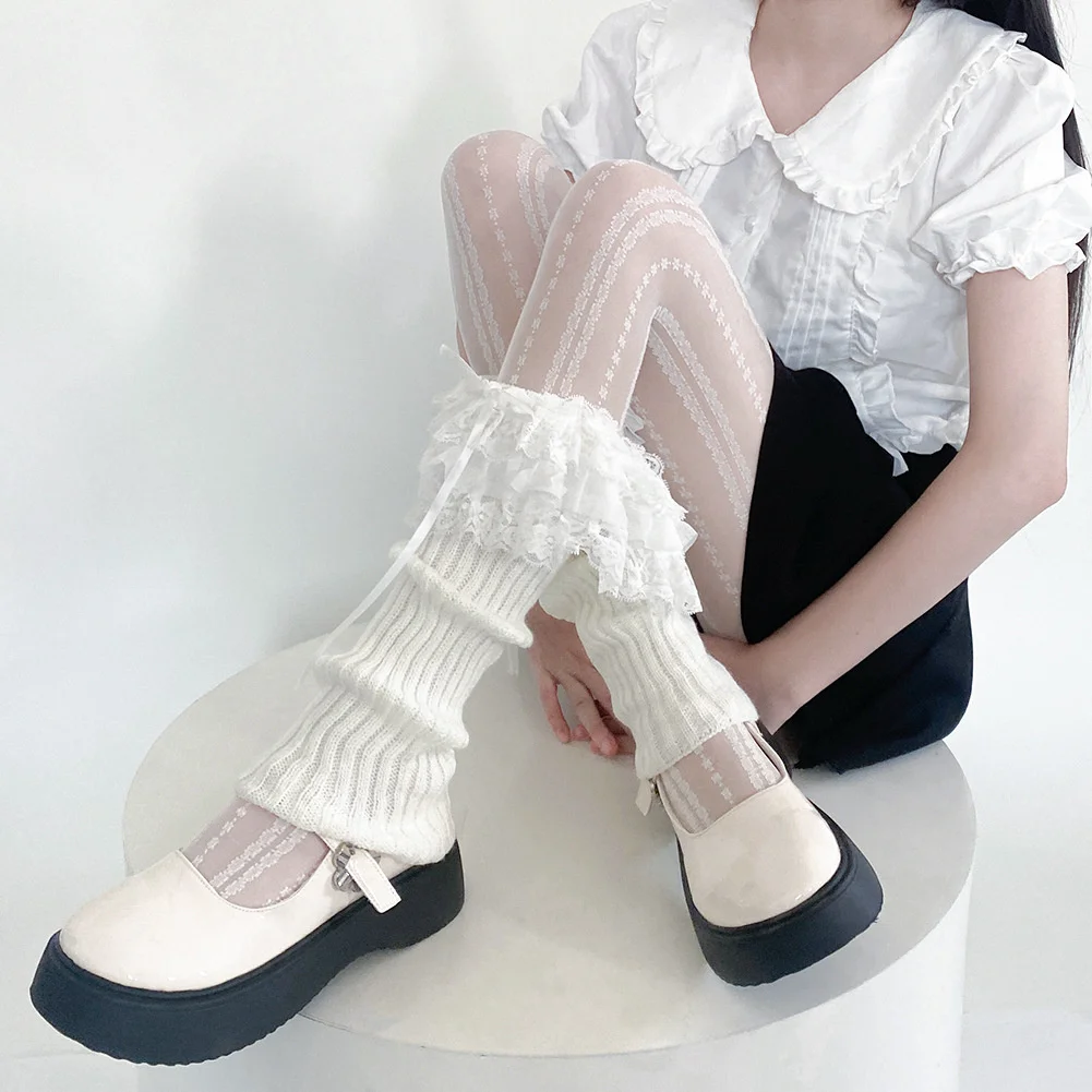 Y Demo Sweet Y2k Lace Patchwork Multi Layers Ribbon Bow Women's Leg Warmer Cute Lolita Knitted Socks