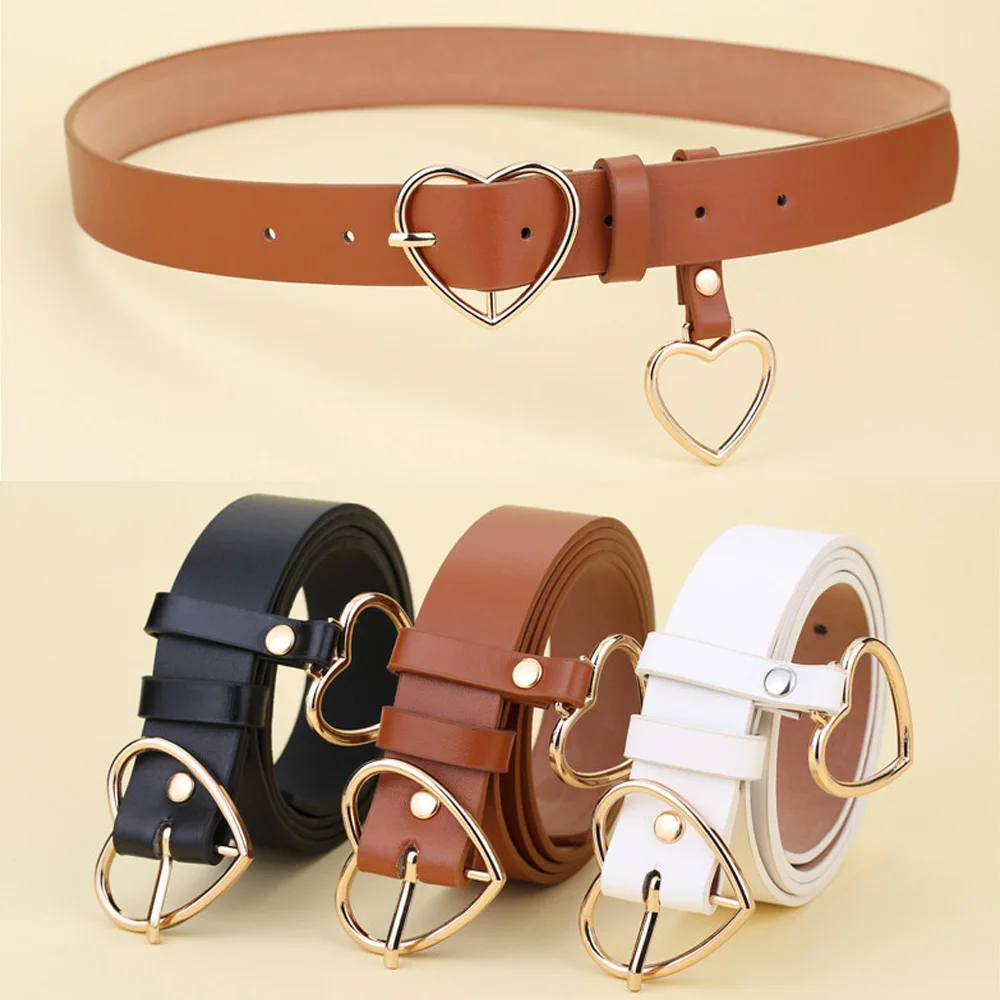 

Women's Cute Leather Belt Metal Heart Shape Buckle Retro PU Waistband Designer Fashion Cinto Feminino Pants Strap for Women