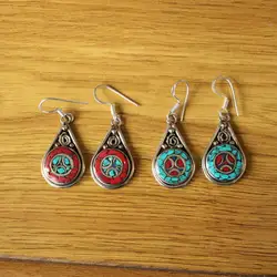 ER204 Ethnic Tibetan Copper Turquoises Coral Stone Water Drop Dangle Earring For Women