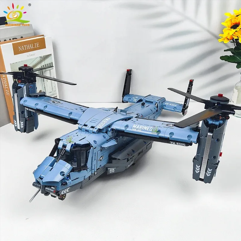 

HUIQIBAO MOC 1389PCS V-22 Tiltrotor Aircraft Helicopter Building Block Children Military Airplane model Bricks Toy home Decor.