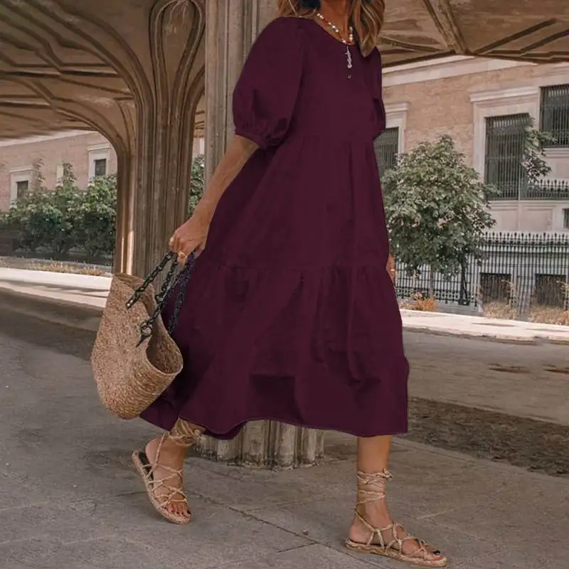 Summer New Solid Color Short Sleeved Loose For Women\'s Dresses Fashion Casual Patchwork Retro Beach Holiday Maxi Female Sundress