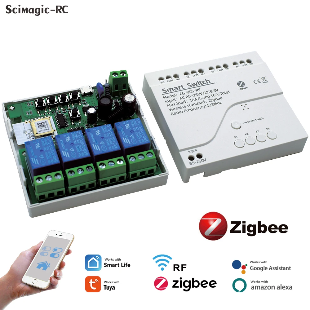 

4-канальный модуль реле умного дома Zigbee 110 В 220 В реле переменного тока постоянного тока 7-32 В 85-250 В работает Alexa Google Smart Light Выключатель гаражных ворот