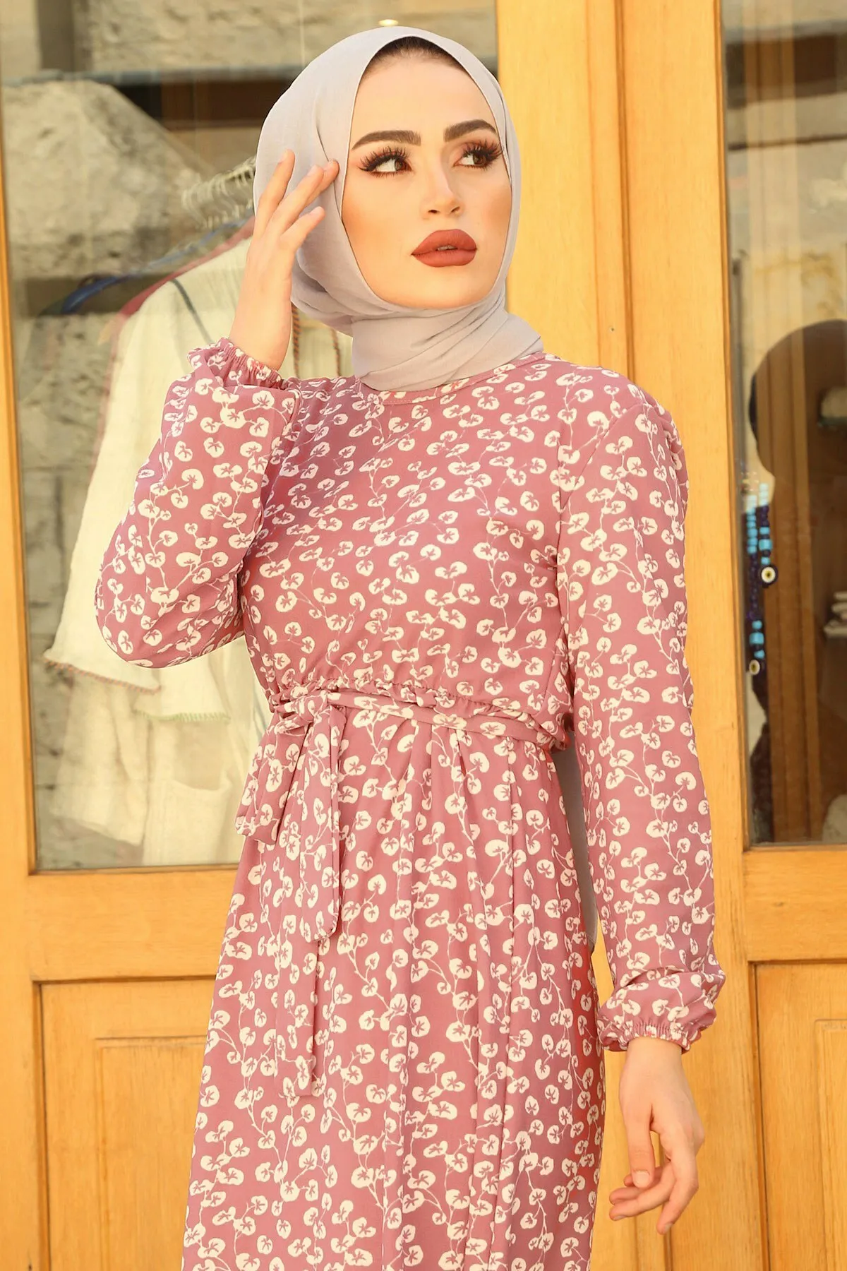 SBH Waist Belted GülK. Patterned Dress-Winter Autumn 2021 Muslim Women Hijab headscarf islamic Turkey