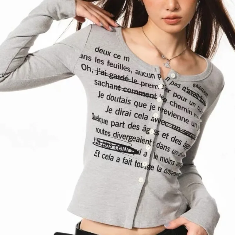 Deeptown-camisetas Vintage de manga larga para mujer, cárdigans de punto recortados de estilo coreano, gyuu, Tops informales con cuello redondo, estampado de letras de los años 2000