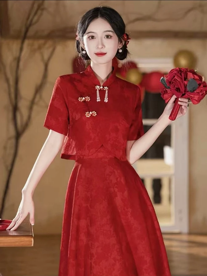 

Новое свадебное платье в китайском стиле, комплект для помолвки, красное платье с длинными рукавами для невесты и подружек невесты, наряд для официальных вечеринок и торжеств