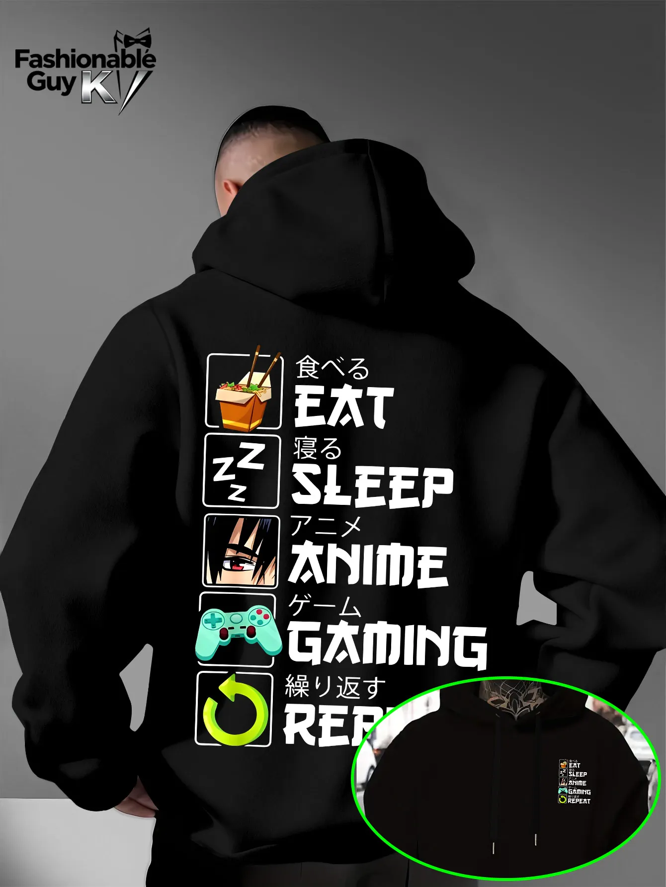 Casual-interesting men's hooded sweatshirt with game controller anime-style icon print, loose and comfortable for leisure.