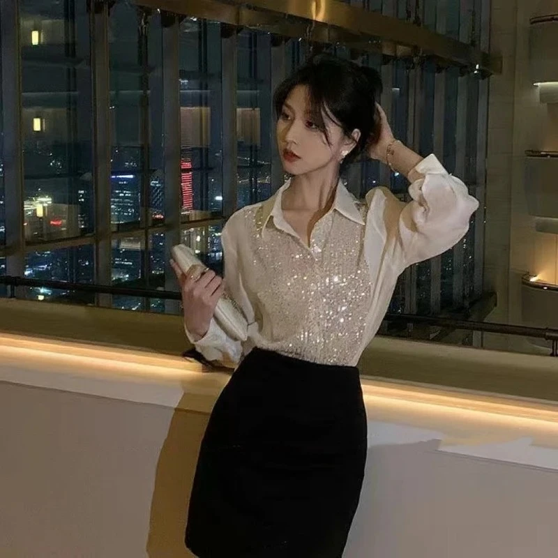 

Рубашки и блузки с блестками для женщин. Свободная одежда. Распродажа. Мода 202. Молодежная элегантная одежда. Трендовый женский топ с длинными рукавами.