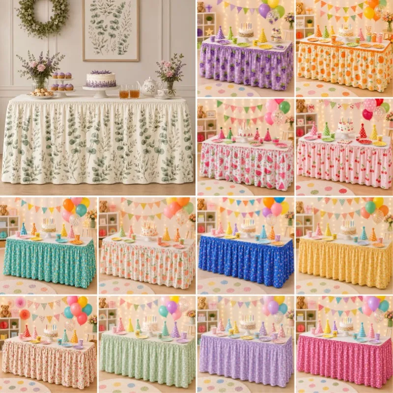 Cute Floral Pattern Table Skirt Kitchen Desk Cabinet Waterproof Dustproof Polyester Table Skirt for Wedding Home Dining Room