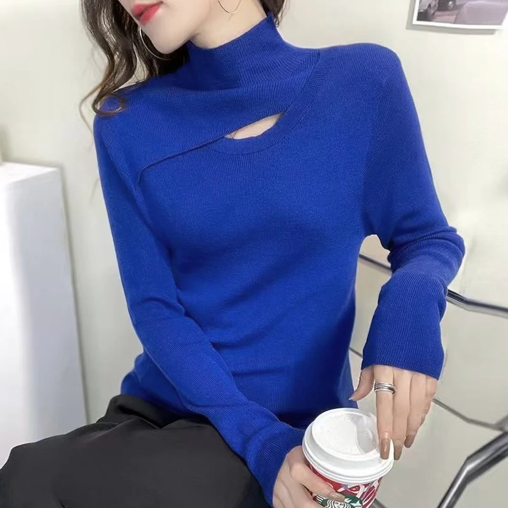 S-XL Half High Neckline Hollowed Out Bottom Sweater Women Blue Pullover Paired With Slim Fitting Versatile Shirt Autumn Winter