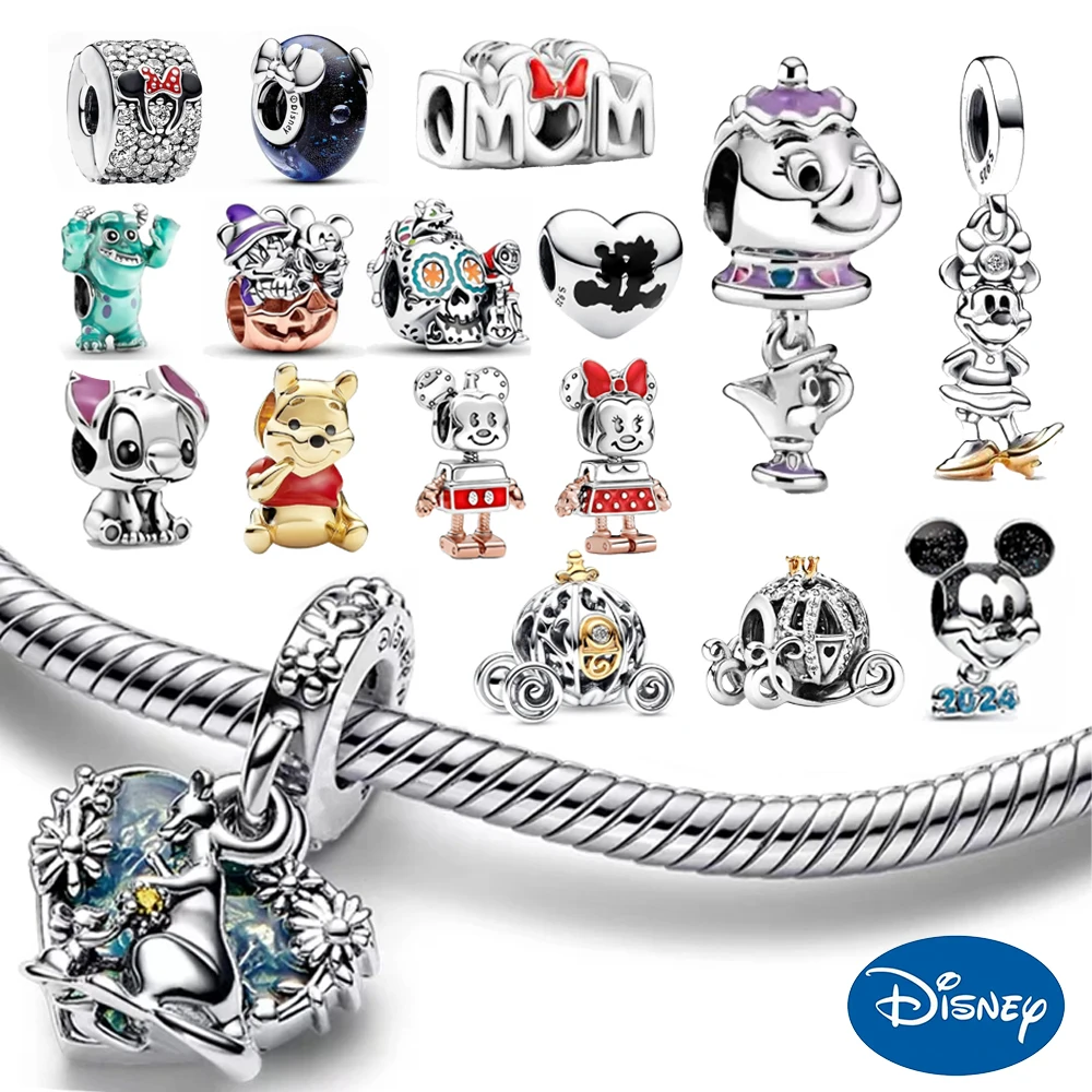 Disney 100th Gift 925 Silver Princess Pumpkin Cart Mickey Minnie Dumbo Pooh Charm Stitch Bead Fit Original Bracelets DIY Jewelry