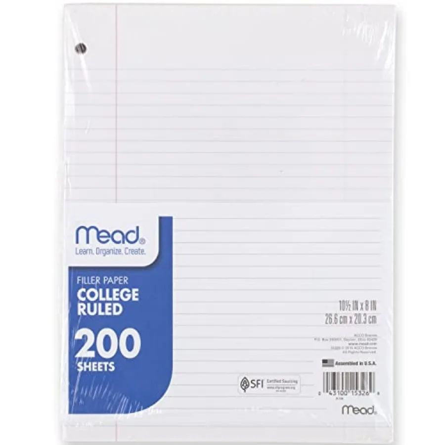 

Mead Loose Leaf Paper, Notebook Paper, College Ruled Filler Paper, Standard, 8 x 10.5, 200 Sheets 15326