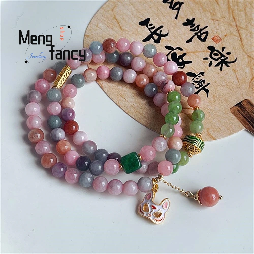 Natural Ancient Three-ring Color Jade Stone Bracelet Female Masquerade Fox Pendant Chinese Style Exquisite Fashion Fine Jewelry