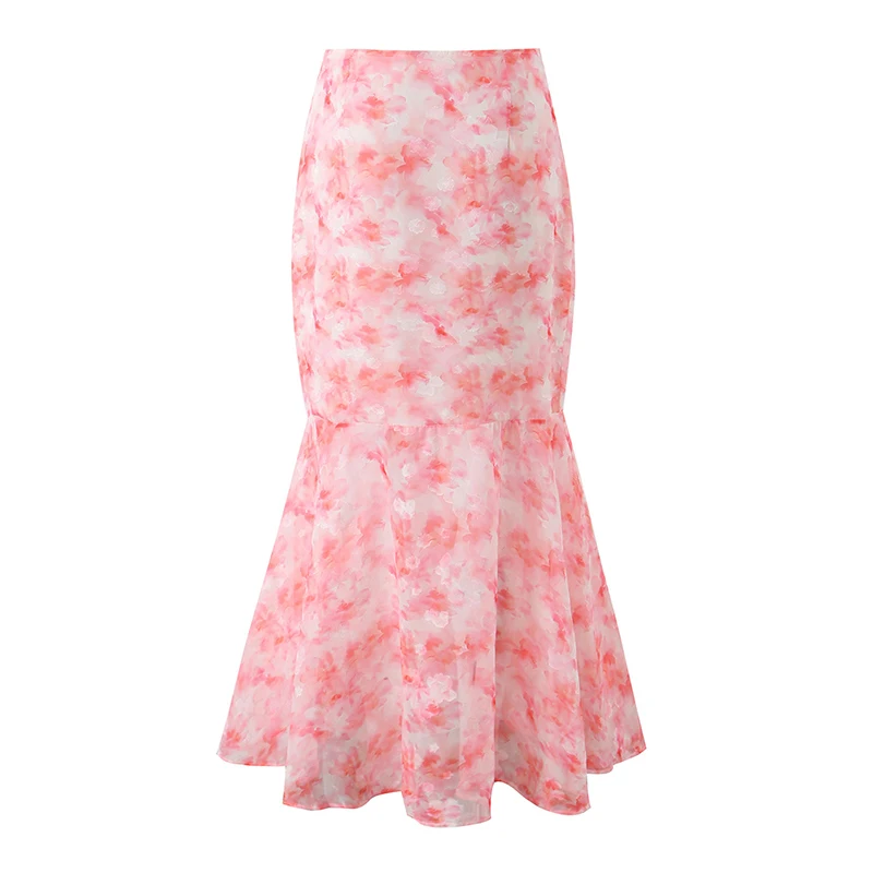 YENKYE Summer Women Floral Mermaid Maxi Skirt  High Waist Bodycon Flared Hem Elegant Party Skirts