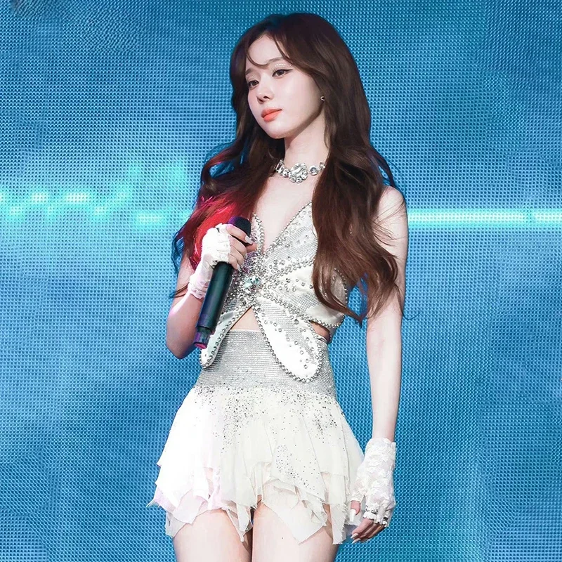Kpop 한국 가수 겨울 Y2k 샤이니 크리스탈 나비 슬링 조끼 크롭탑 미니 스커트, 여성 무대 코스튬 재즈 댄스 섹시한 의상