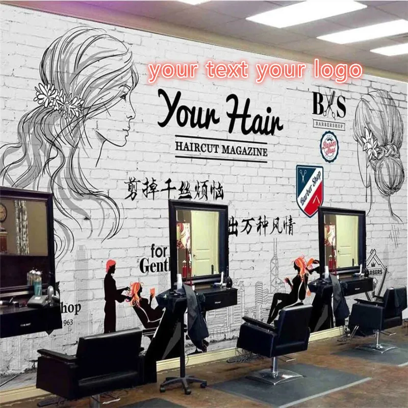 

Custom Text Logo Modern Fashion Beauty Salon Hair Salon Gray Brick Wall Paper 3D Barber Shop Industrial Decor Mural Wallpaper 3D