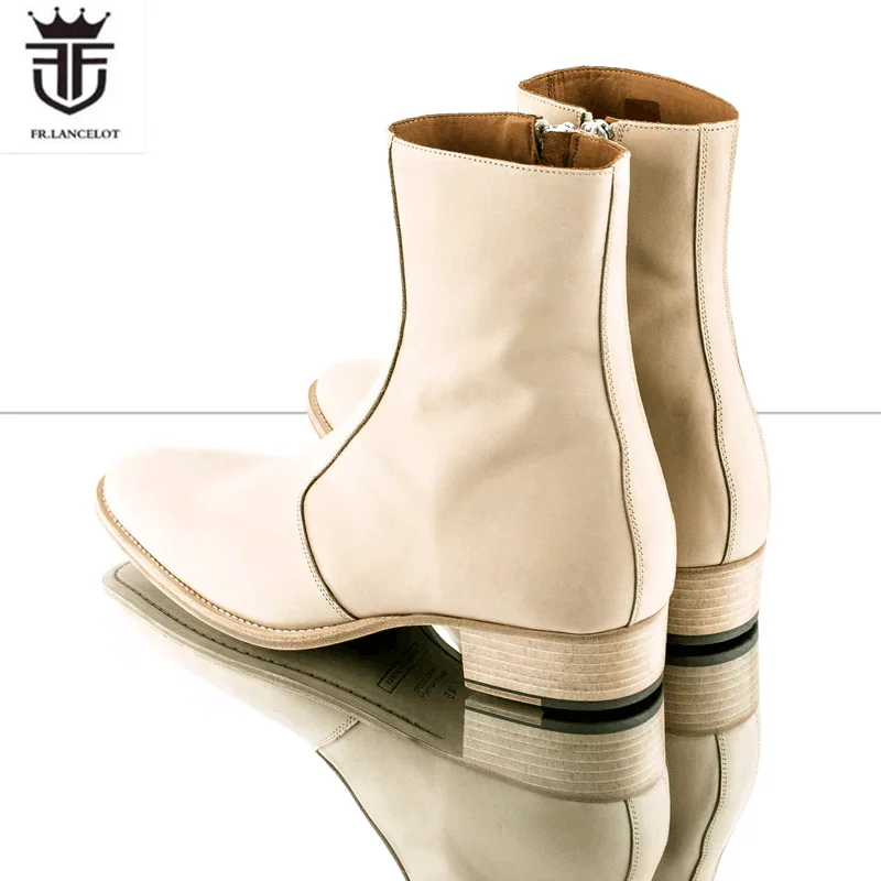 2024 fashion Beige Matt Leather Chelsea Boots British Men Real leather Boots men\'s Wedding booties Side Metal Zip knight shoes