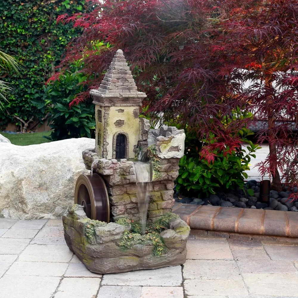 

Outdoor floor layered fairy castle water wheel fountain with realistic stone appearance, brown, free shipping