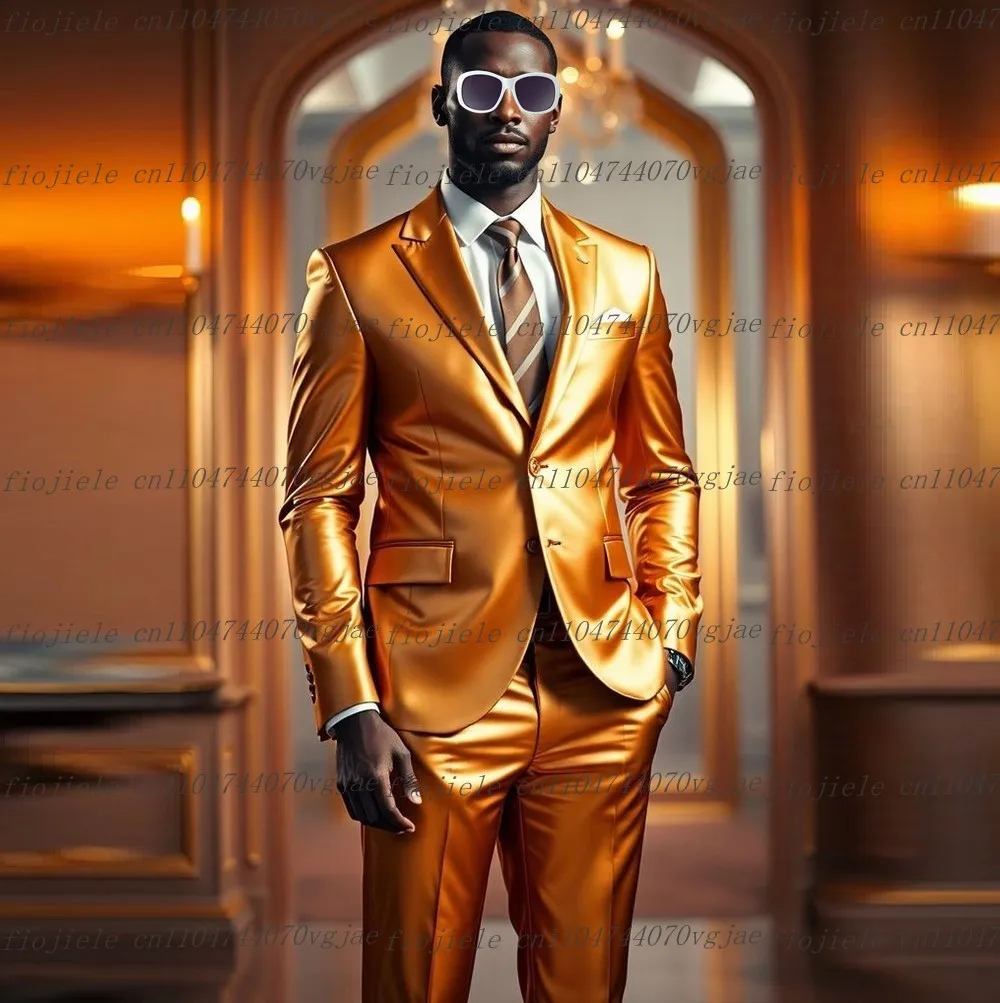 

Оранжевый блестящий атласный мужской костюм для вечеринки, выпускного вечера, особых случаев, деловой жених, жених, свадебные мужские смокинги, комплект из 2 предметов, блейзер, брюки