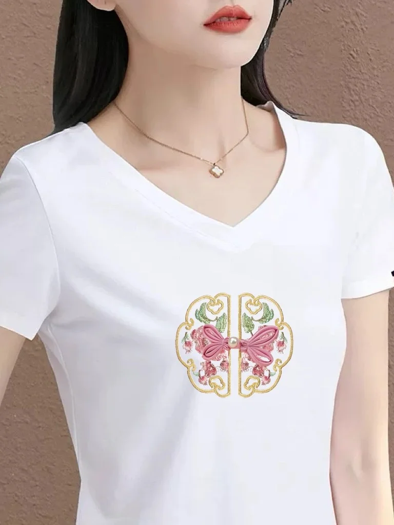 

Slim Fit Casual V-Neck Short Sleeve T-Shirt Women's Knot plus Size Top Elegant Standard Version Polyester Fiber