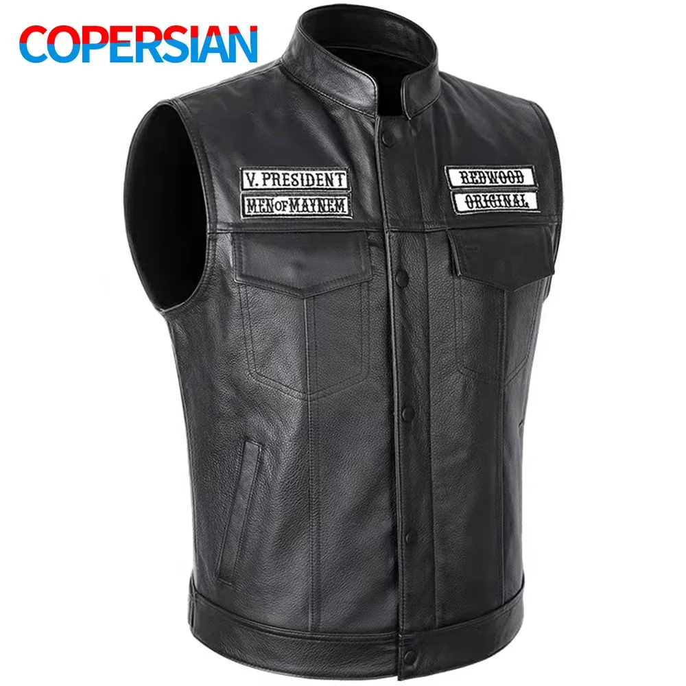 Chaleco clásico de cuero de vaca para motocicleta, chaqueta informal con cuello levantado, estilo Punk, 100%